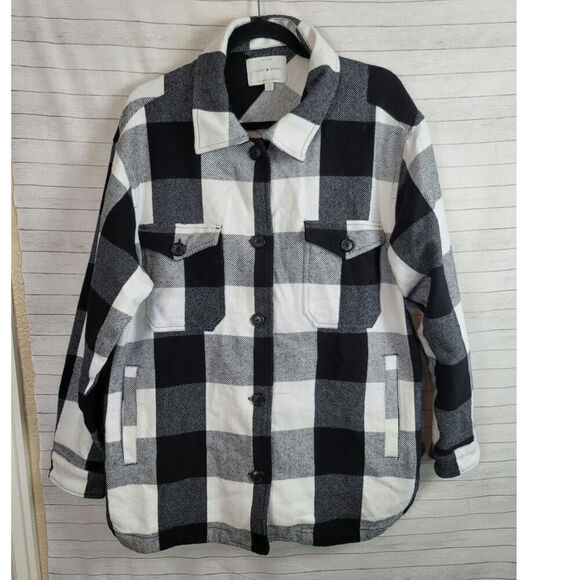 Lucky Brand Black White Plaid Flannel Shacket Jacket, sz Large - Picture 1 of 12